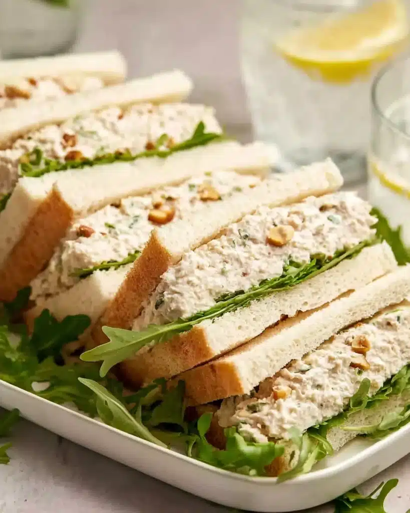 Chicken sandwiches on white platter with arugula and creamy filling