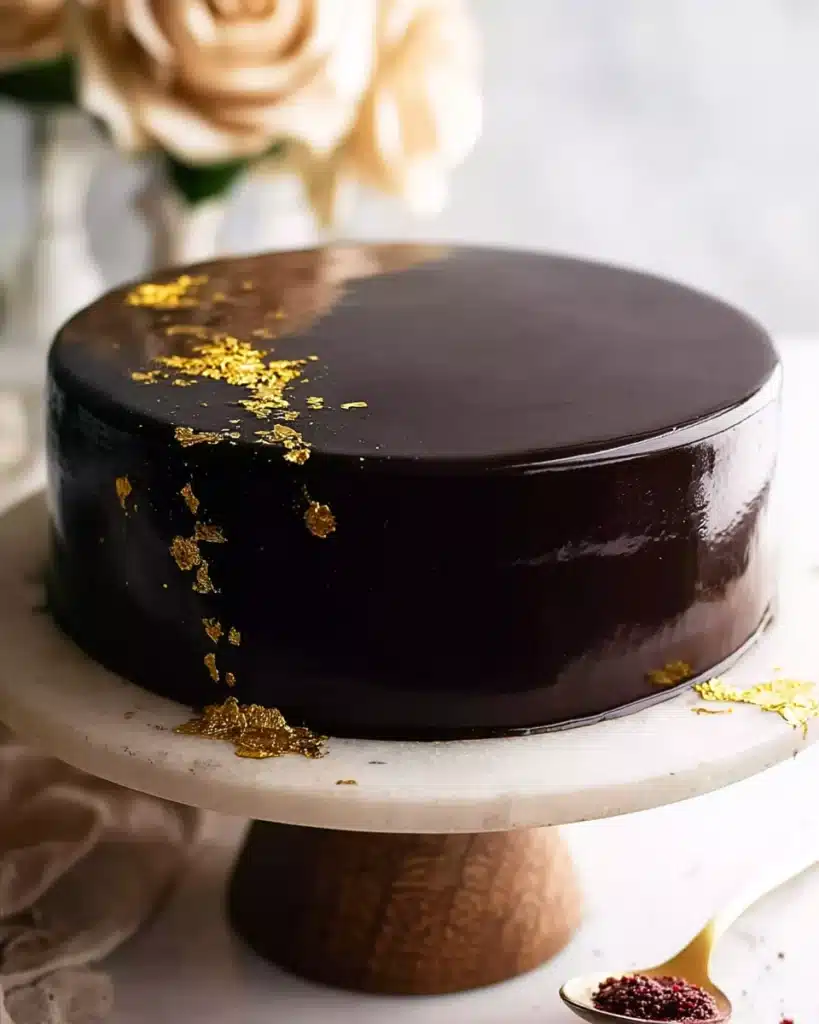 Chocolate Mirror Glaze (Thanksgiving Recipe) 1 Chocolate mirror glaze cake with gold leaf on a marble stand