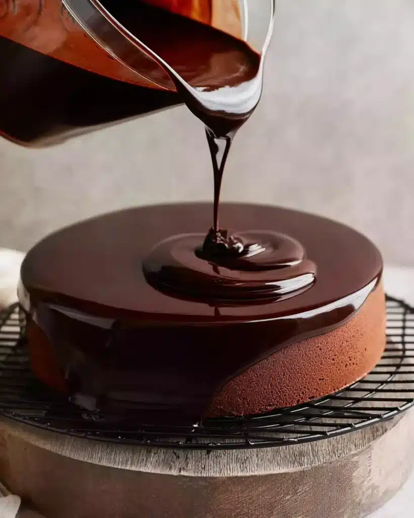 Chocolate Mirror Glaze (Thanksgiving Recipe) 4 Chocolate mirror glaze being poured onto a cake with ganache base