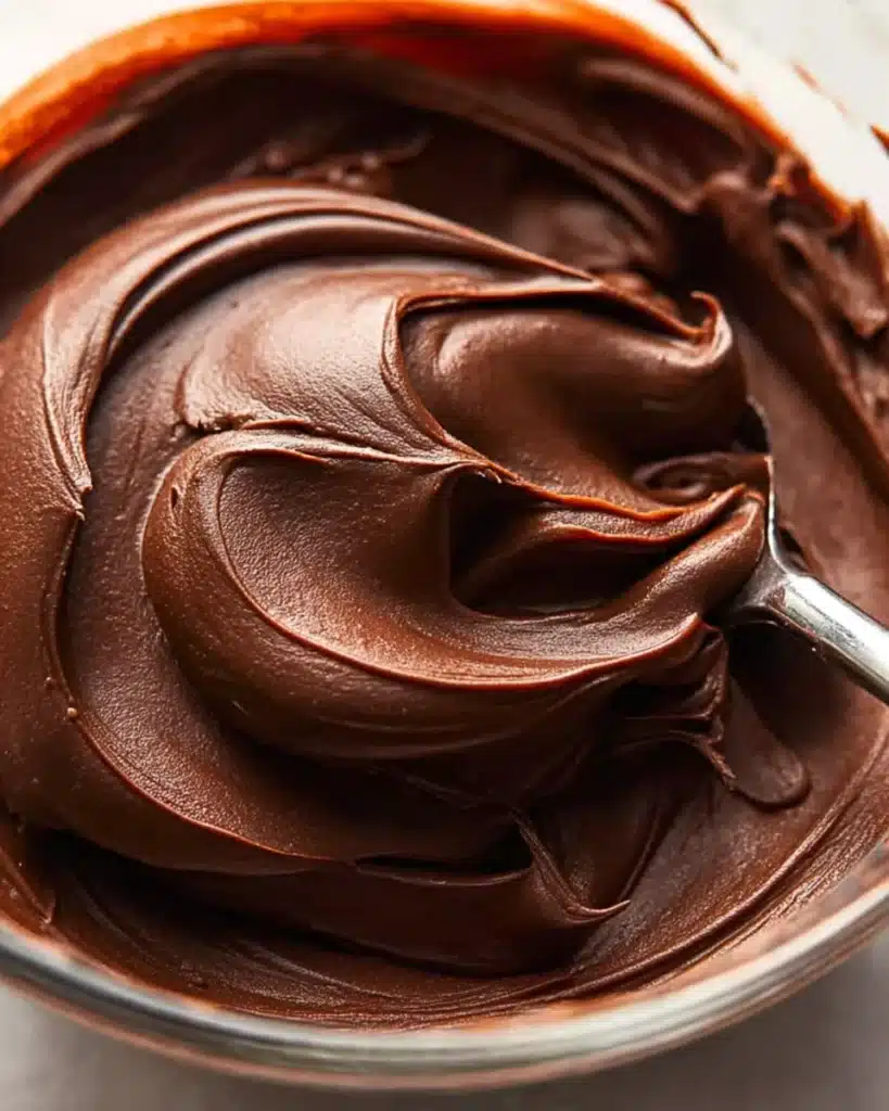 Chocolate Mirror Glaze (Thanksgiving Recipe) 2 Close-up of creamy chocolate ganache in a bowl