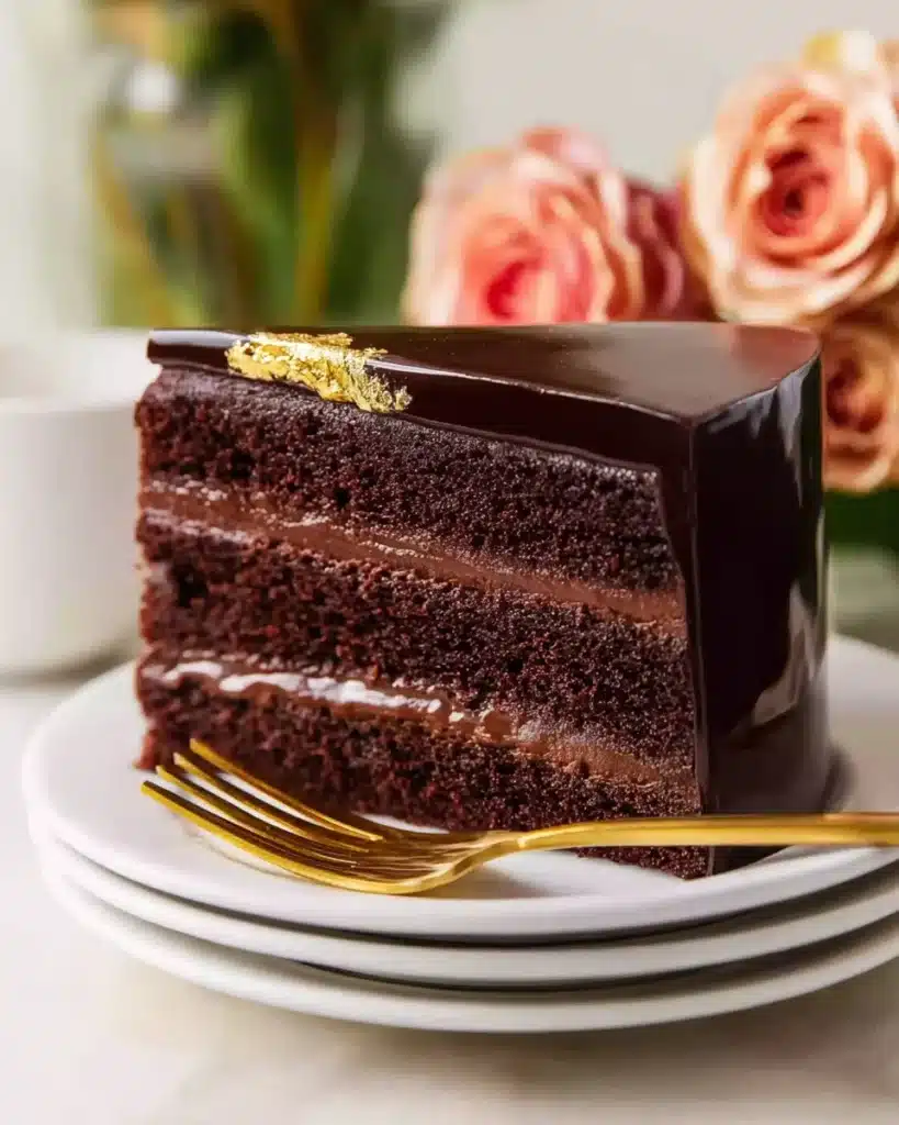 Chocolate Mirror Glaze (Thanksgiving Recipe) 6 Slice of chocolate mirror glaze cake with gold dust and gold leaf