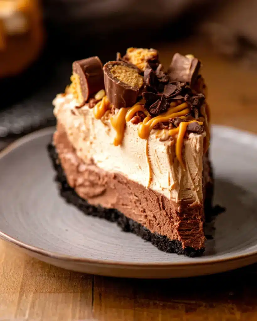 Chocolate Peanut Butter Pie (Thanksgiving Favorite) 10 Slice of chocolate peanut butter pie with Oreo crust and peanut butter cup topping