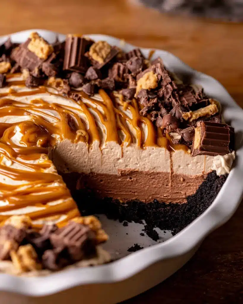 Chocolate Peanut Butter Pie (Thanksgiving Favorite) 9 Chocolate peanut butter pie with Oreo crust, swirled topping, and candy pieces