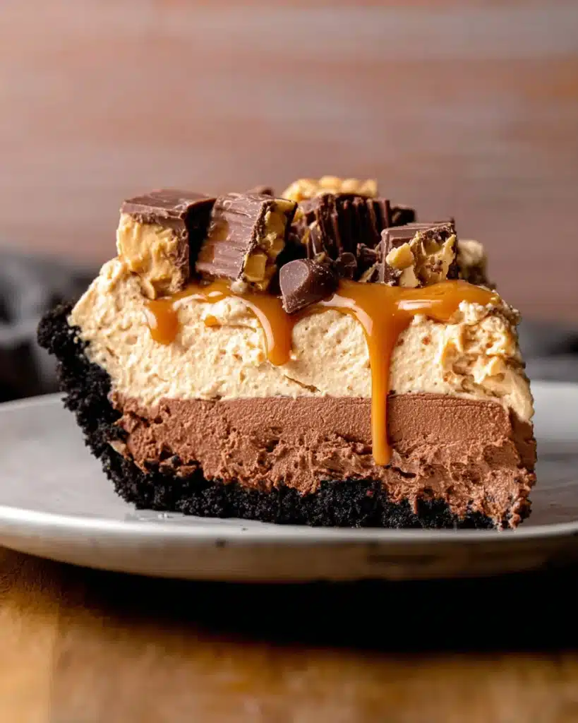 Chocolate Peanut Butter Pie (Thanksgiving Favorite) 1 Slice of chocolate peanut butter pie with Oreo crust, creamy layers, and peanut butter cup topping