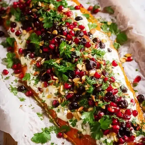 Christmas Baked Salmon (Festive, Make-Ahead & Crowd-Pleasing) 7 Festive baked salmon with dill sauce, cranberries, pomegranate, almonds, and parsley