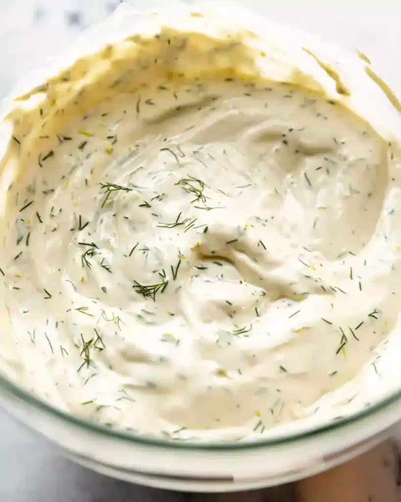 Christmas Baked Salmon (Festive, Make-Ahead & Crowd-Pleasing) 2 Creamy dill sauce in a glass bowl for Christmas baked salmon