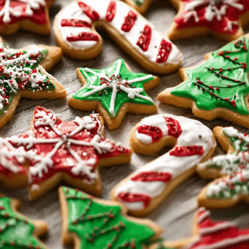 Christmas Cookies Recipe (Classic Vanilla Biscuits) 8 Decorated Christmas cookies with icing in red, green, and white