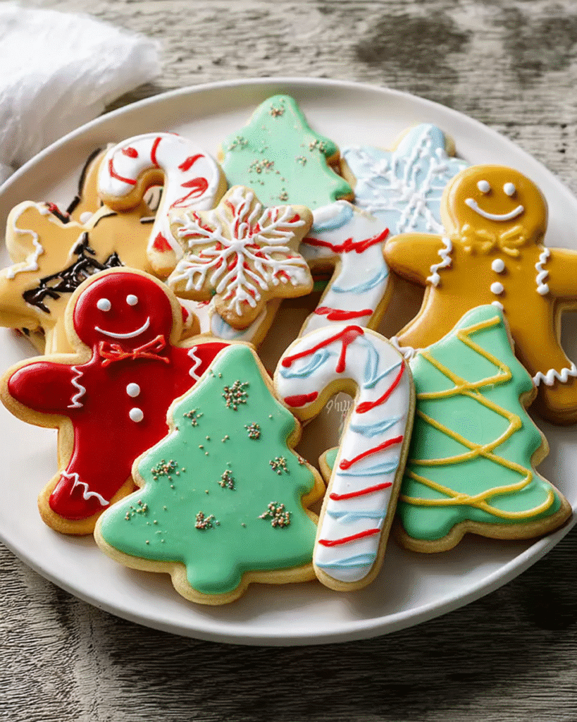 Christmas Cookies Recipe (Classic Vanilla Biscuits) 7 Plate of decorated Christmas cookies with gingerbread men, trees, and candy canes