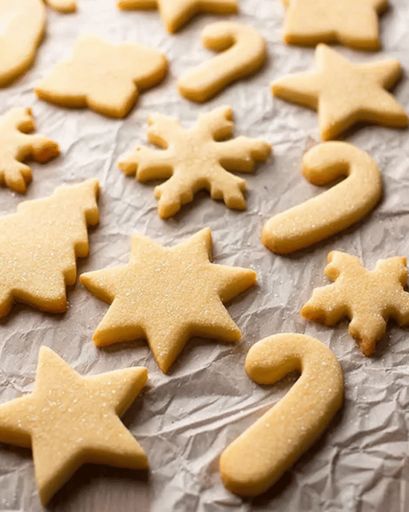 Christmas Cookies Recipe (Classic Vanilla Biscuits) 6 Plain Christmas cookies cut into festive shapes ready for baking