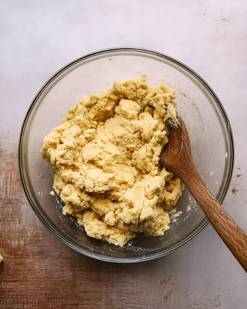 Christmas Cookies Recipe (Classic Vanilla Biscuits) 4 Golden Christmas cookie dough in a glass bowl with a wooden spoon
