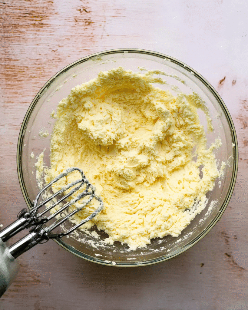 Christmas Cookies Recipe (Classic Vanilla Biscuits) 3 Creamed butter and sugar mixture for Christmas cookies in a glass bowl