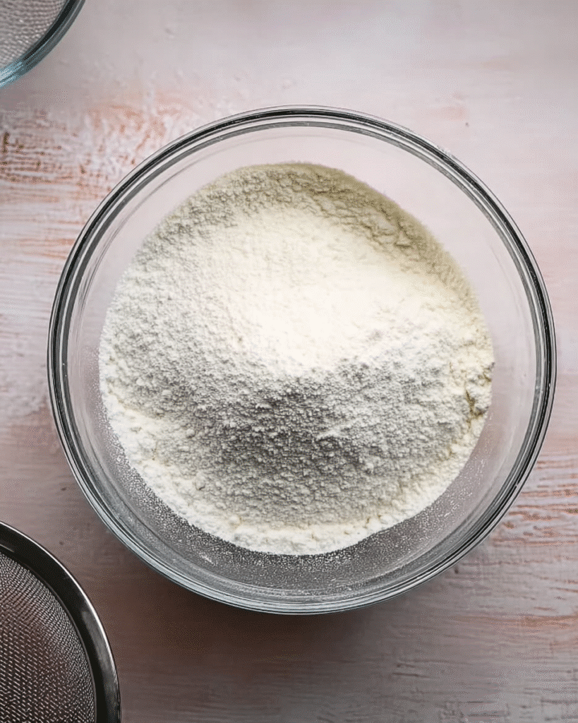 Christmas Cookies Recipe (Classic Vanilla Biscuits) 2 Sifted flour in a glass bowl for Christmas cookie dough