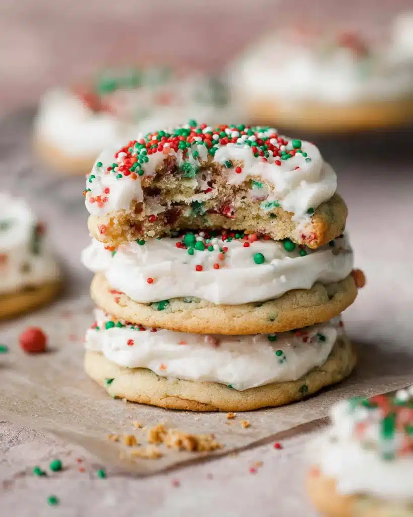 Stack of frosted Christmas cookies with sprinkles and a bite taken
