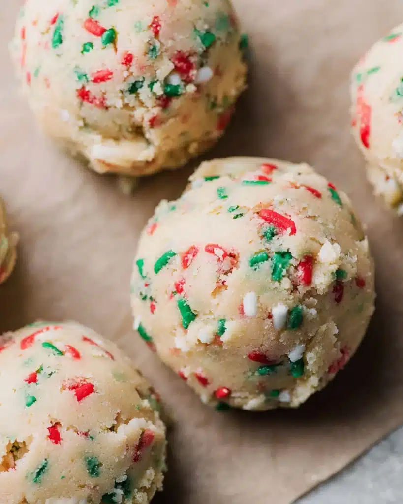 Scoops of unbaked Christmas sprinkle cookie dough on parchment paper