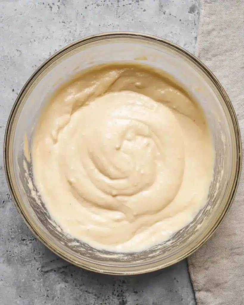 Cinnamon Roll Cake with Cream Cheese Frosting | Perfect Thanksgiving Dessert 3 Smooth cake batter for Cinnamon Roll Cake with Cream Cheese Frosting in glass bowl