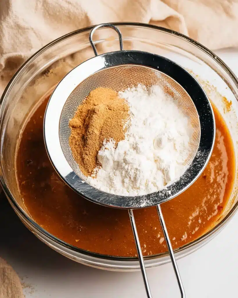 Sifting flour and spices into pumpkin bread batter in a glass bowl