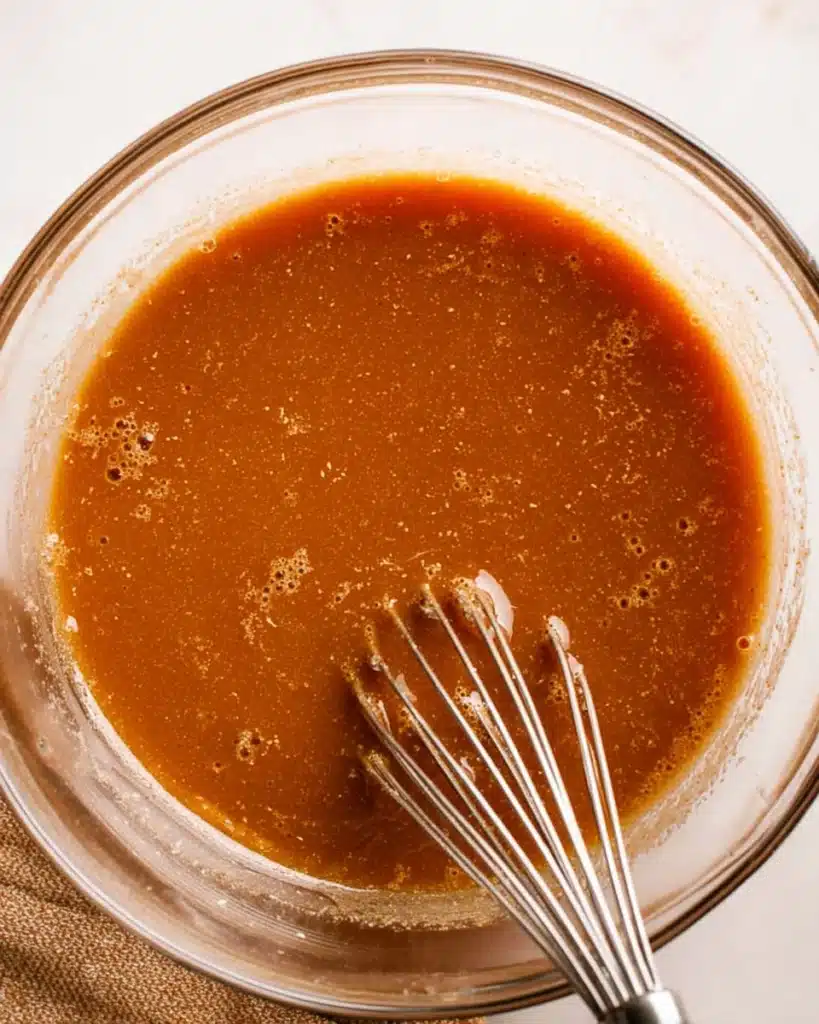 Whisk mixing smooth pumpkin bread batter in a glass bowl
