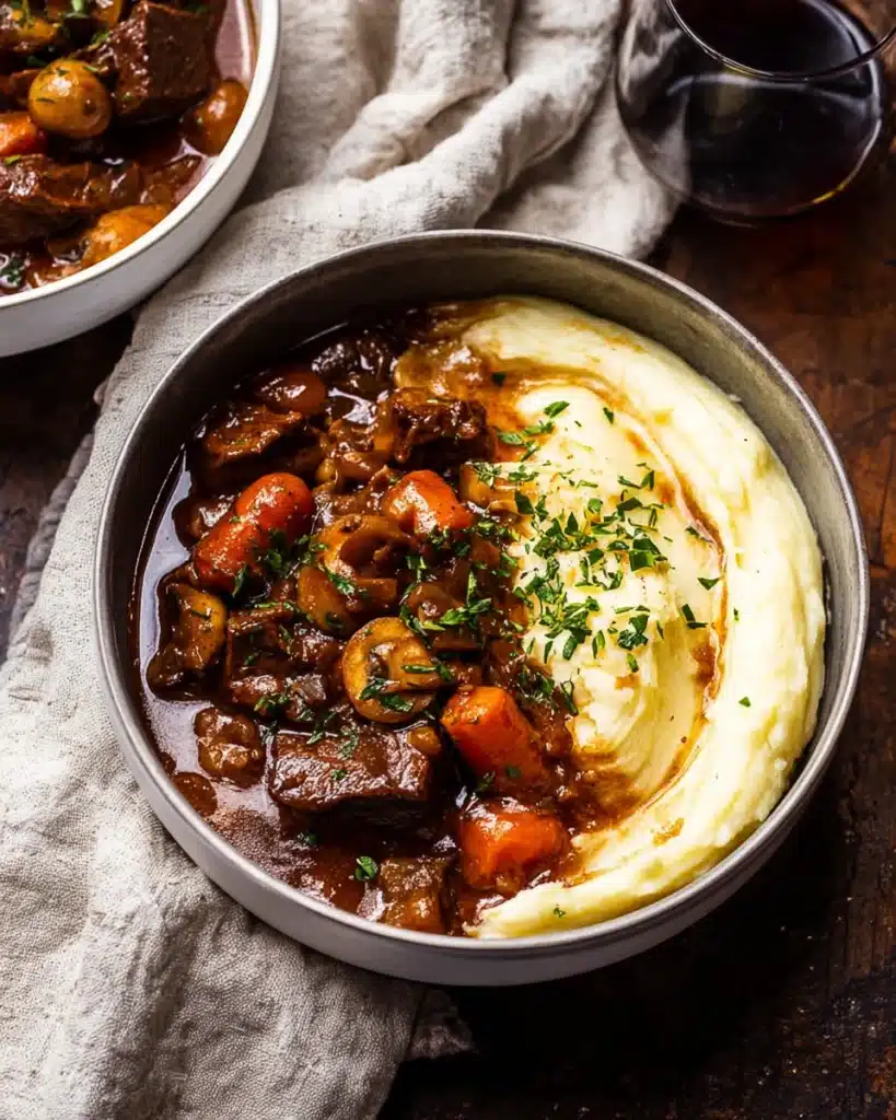 Classic Beef Bourguignon (Christmas Recipe) 1 Bowl of beef bourguignon with mashed potatoes and chives