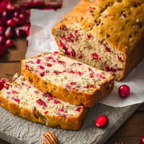 Cranberry Nut Bread – A Festive Holiday Favorite 7 Cranberry nut bread loaf sliced on rustic board with cranberries and nuts