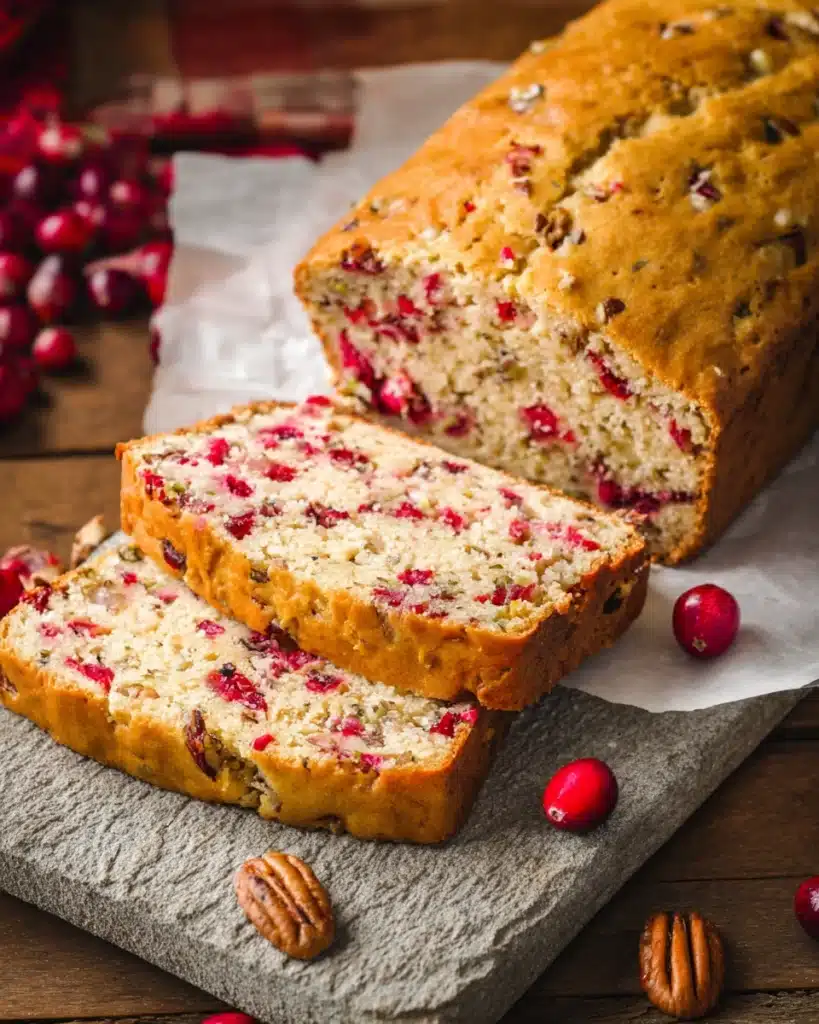 Cranberry Nut Bread – A Festive Holiday Favorite 1 Cranberry nut bread loaf sliced on rustic board with cranberries and nuts