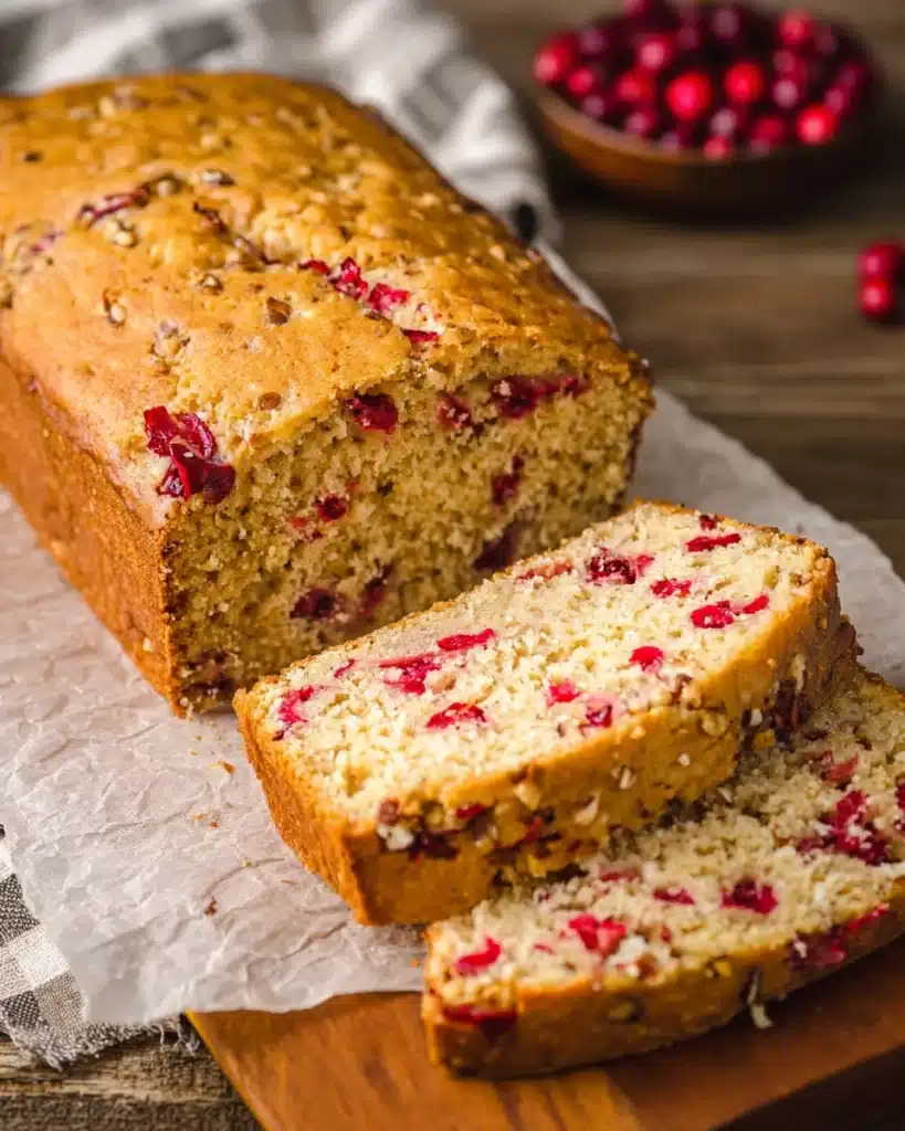 Cranberry Nut Bread – A Festive Holiday Favorite 2 Partially sliced cranberry nut bread loaf on parchment
