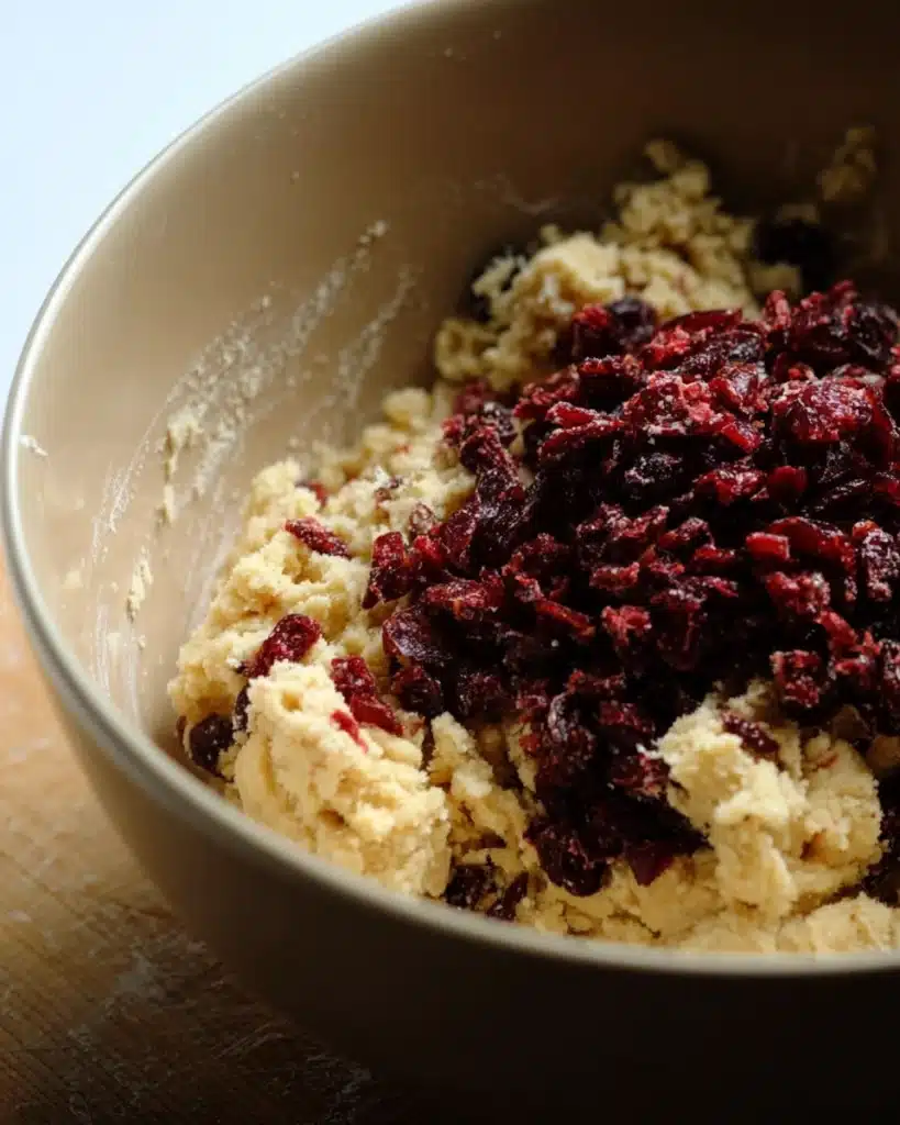 Cranberry Orange Snowball Cookies 5 Cookie dough with chopped dried cranberries in mixing bowl for snowball cookies