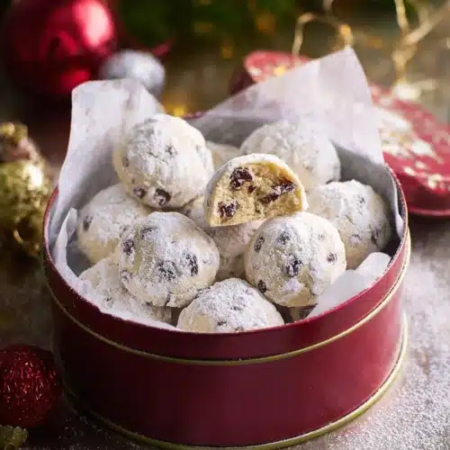 Cranberry Orange Snowball Cookies 11 Cranberry orange snowball cookies in a red Christmas tin with powdered sugar