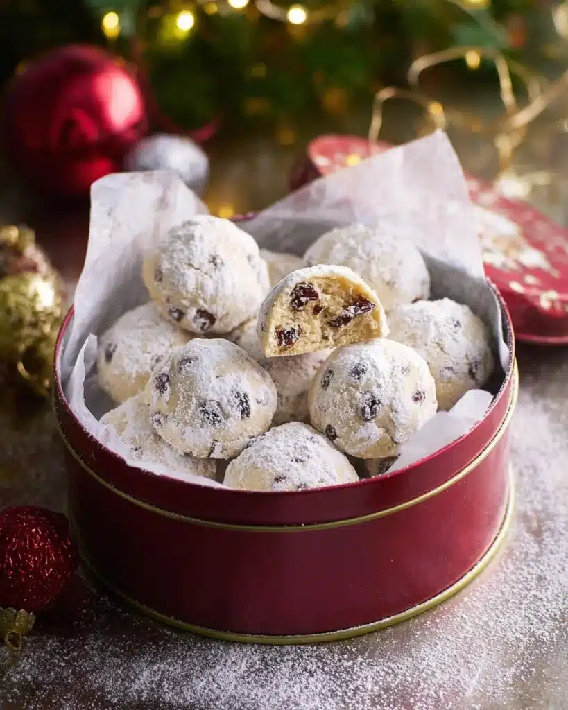 Cranberry Orange Snowball Cookies 1 Cranberry orange snowball cookies in a red Christmas tin with powdered sugar