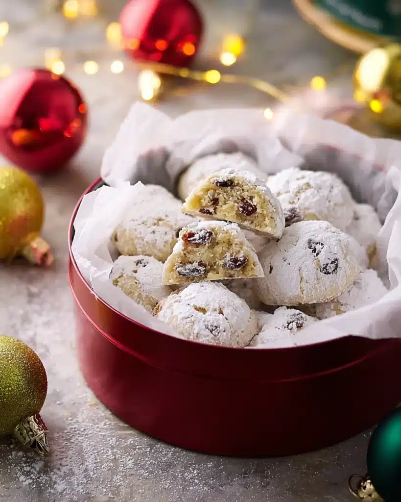Cranberry Orange Snowball Cookies 10 Cranberry orange snowball cookies in festive Christmas tin with powdered sugar
