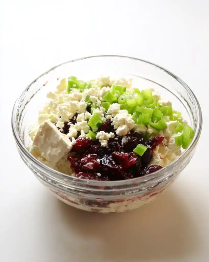 Cranberry and Feta Pinwheels 2 Cranberry and feta pinwheel filling ingredients in a glass bowl