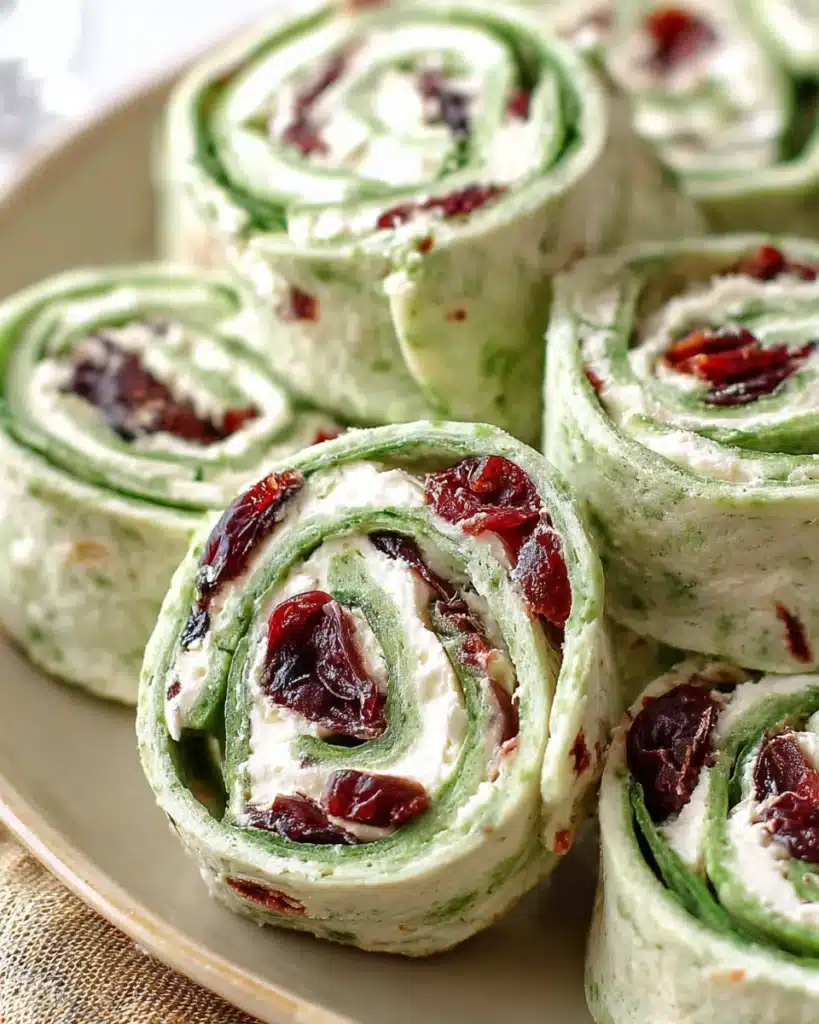 Cranberry and Feta Pinwheels 1 Cranberry and feta pinwheels with spinach tortillas on a plate