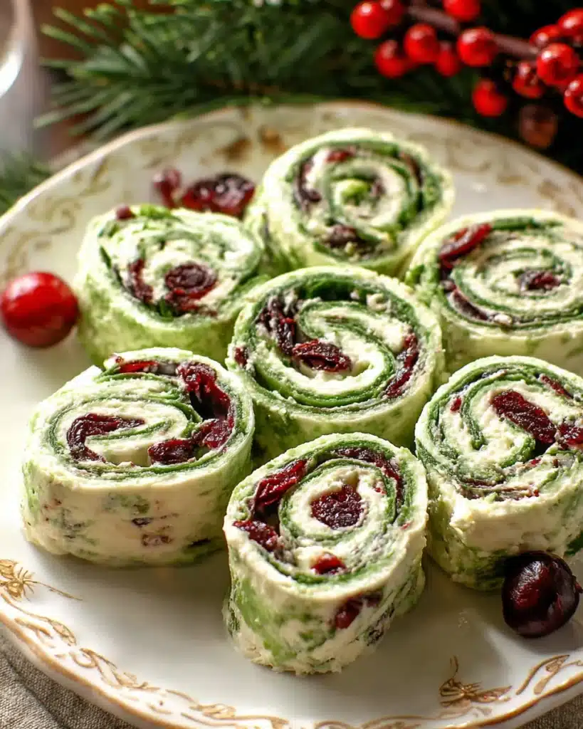 Cranberry and Feta Pinwheels 5 Cranberry and feta pinwheels with spinach tortillas on a festive plate
