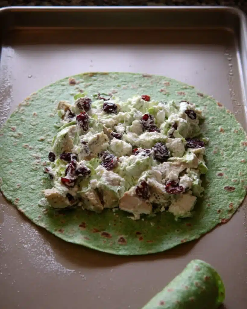Cranberry and Feta Pinwheels 4 Spinach tortilla with cranberry and feta filling spread evenly