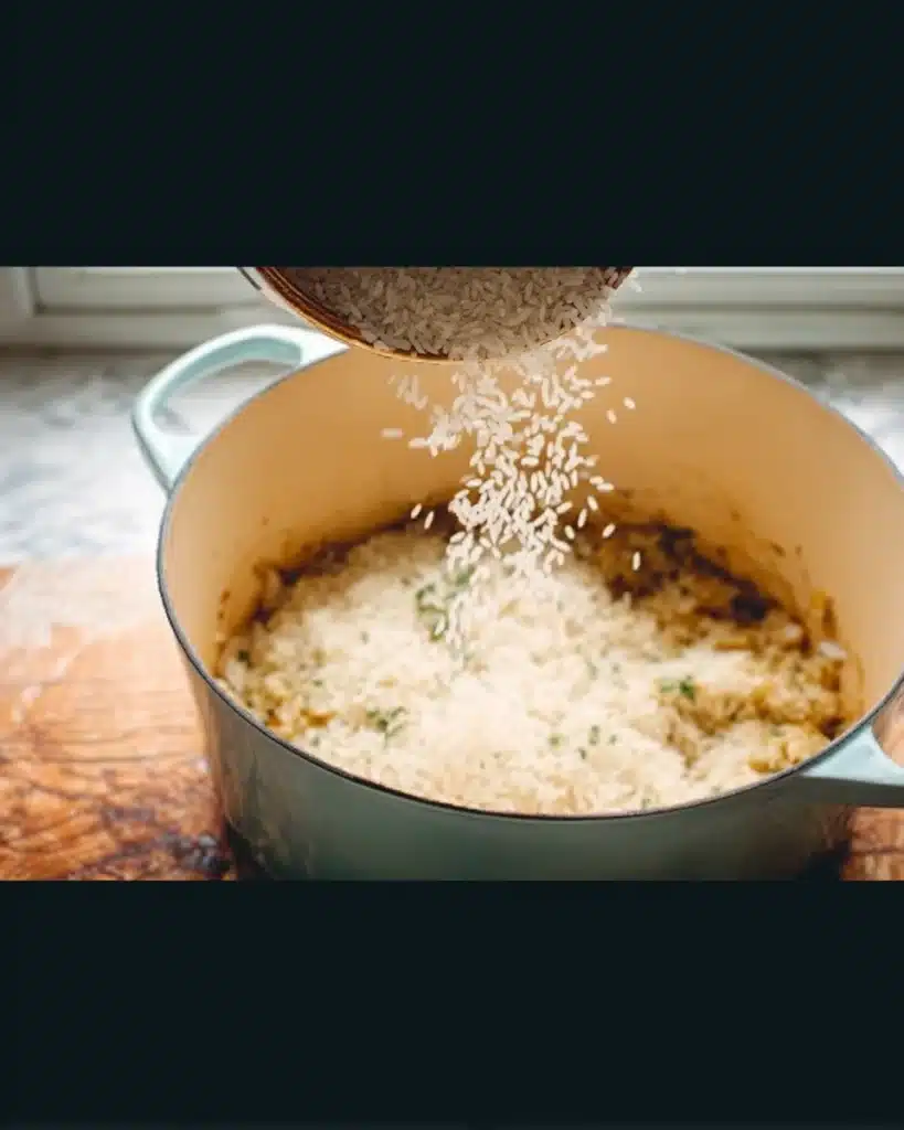 Creamy Baked Pumpkin Risotto 3 Adding arborio rice to sautéed onions for creamy baked pumpkin risotto