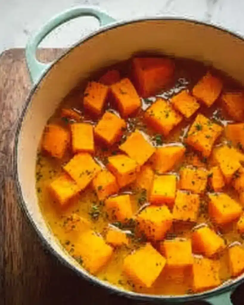 Creamy Baked Pumpkin Risotto 2 Diced pumpkin simmering in broth for creamy baked pumpkin risotto