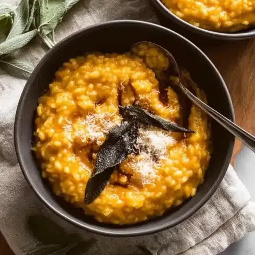 Creamy Baked Pumpkin Risotto 5 Creamy baked pumpkin risotto in a black bowl with crispy sage and parmesan