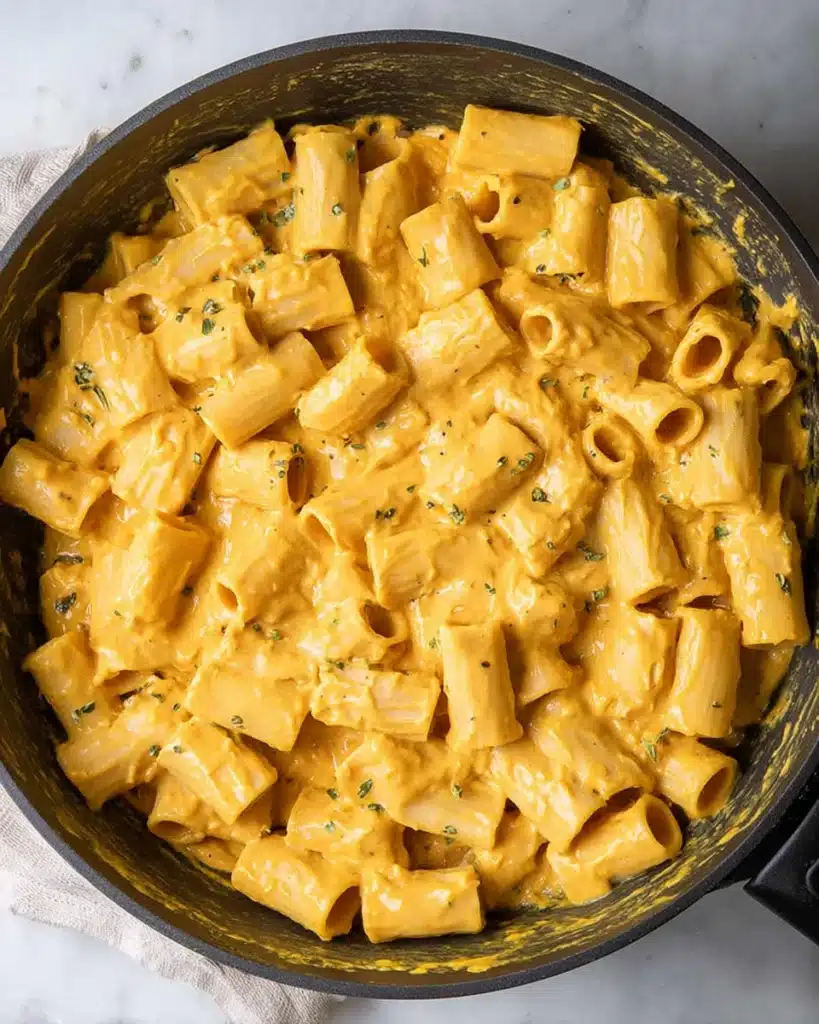 Creamy Pumpkin Pasta – A Cozy Halloween Idea 6 Rigatoni pasta coated in creamy pumpkin sauce in a skillet
