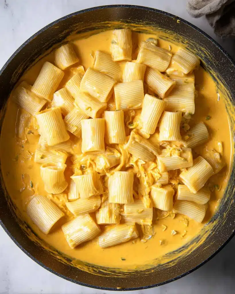 Creamy Pumpkin Pasta – A Cozy Halloween Idea 5 Rigatoni pasta added to skillet of creamy pumpkin sauce