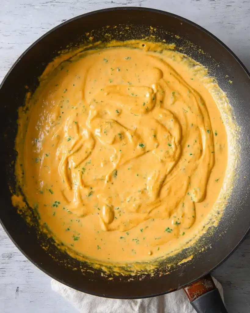 Creamy Pumpkin Pasta – A Cozy Halloween Idea 4 Creamy pumpkin pasta sauce in skillet with smooth texture