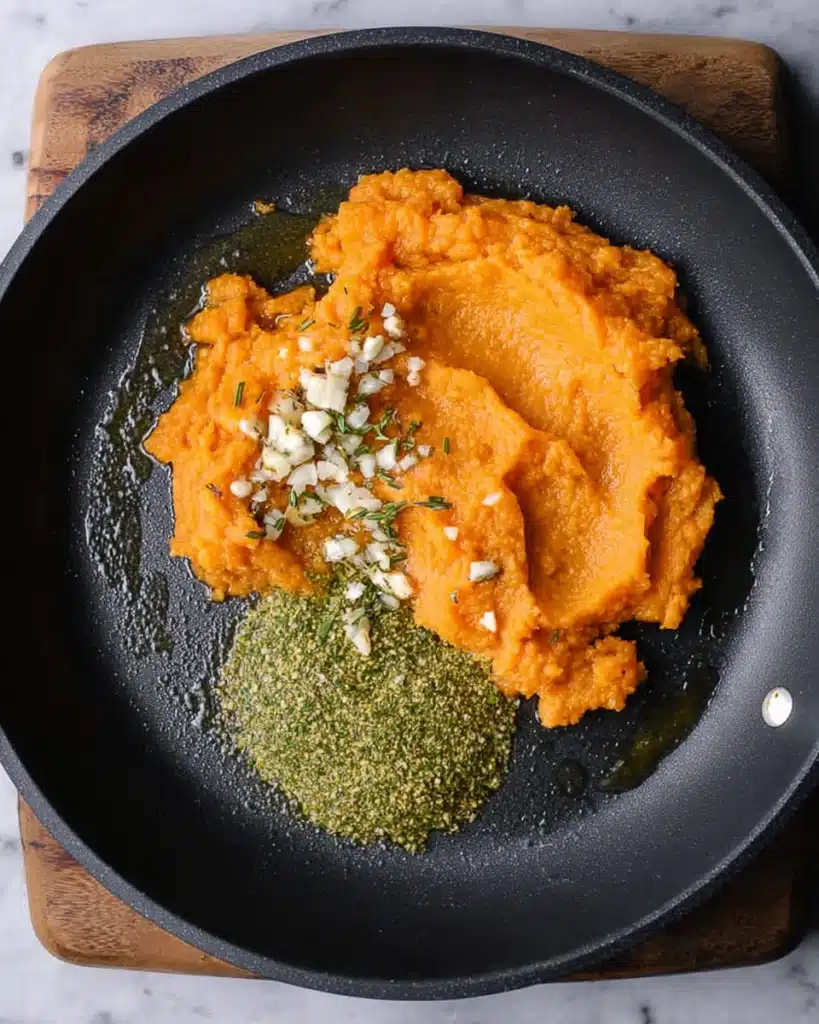 Creamy Pumpkin Pasta – A Cozy Halloween Idea 3 Pumpkin purée combined with garlic, sage, and olive oil in a skillet. The first step to building a rich, creamy pumpkin pasta sauce.