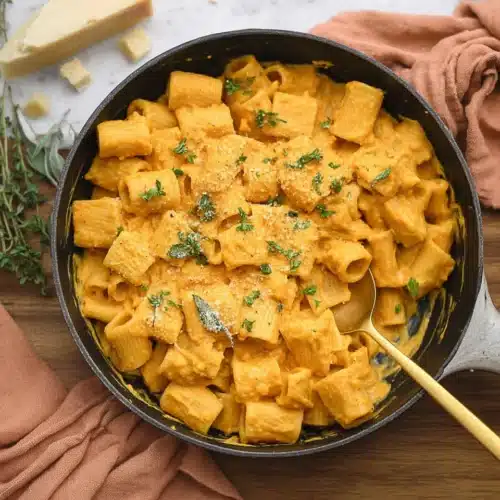 Creamy Pumpkin Pasta – A Cozy Halloween Idea 9 Creamy pumpkin rigatoni pasta with parmesan and parsley in a ceramic bowl