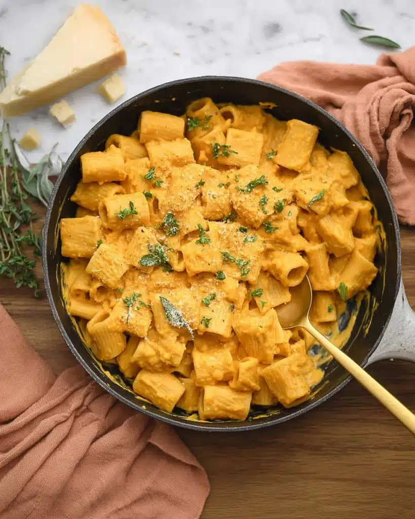 Creamy Pumpkin Pasta – A Cozy Halloween Idea 1 Creamy pumpkin rigatoni pasta with parmesan and parsley in a ceramic bowl
