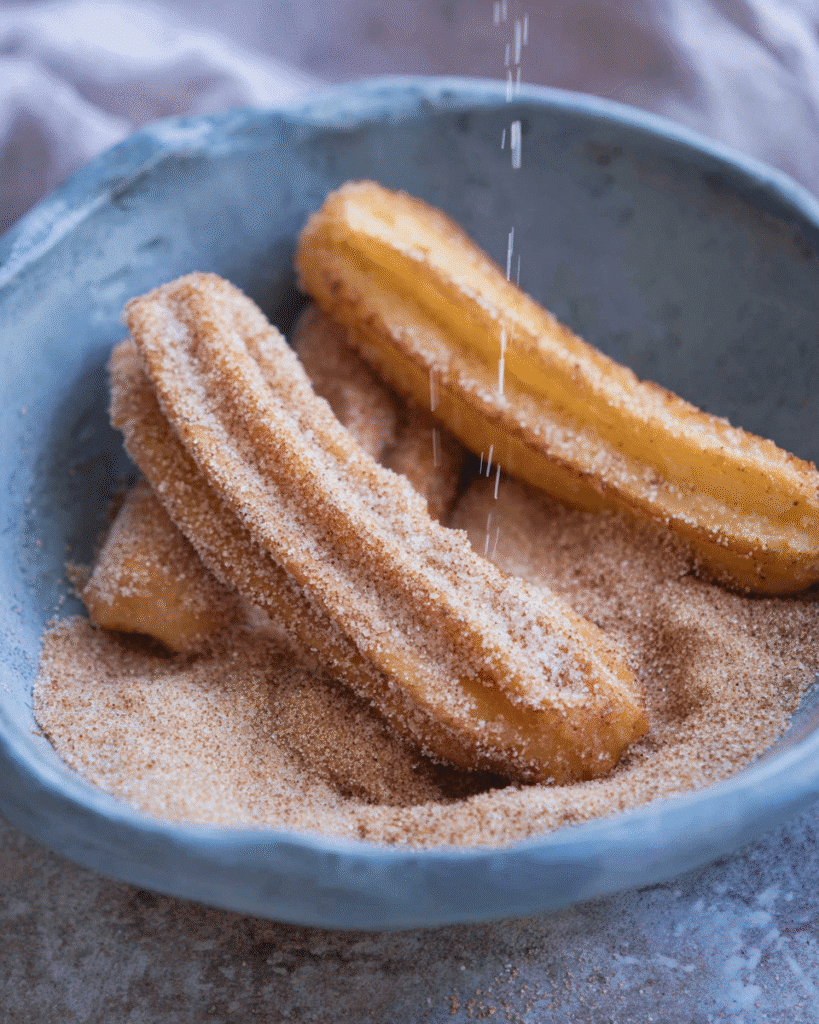 Crispy Air Fryer Churro Bites Recipe 4 Crispy Air Fryer Churro Bites coated in cinnamon sugar in a rustic bowl