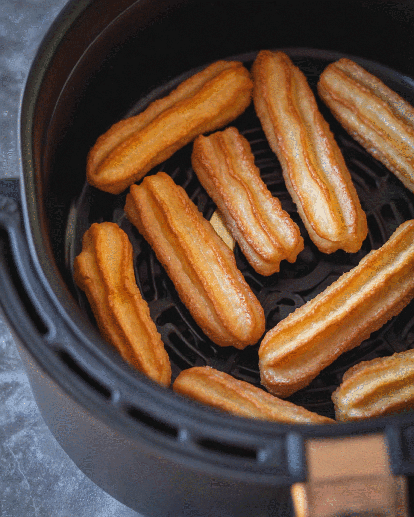 Crispy Air Fryer Churro Bites Recipe 3 Golden churros cooking in an air fryer basket