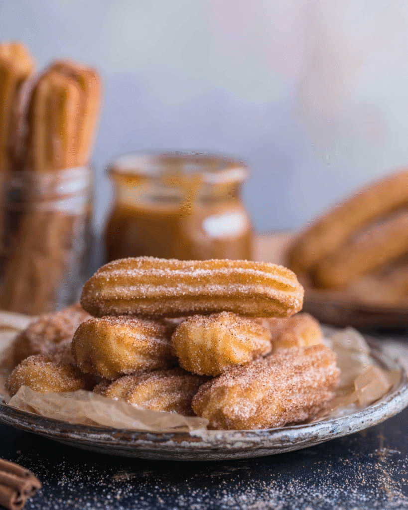 Crispy Air Fryer Churro Bites Recipe 1 Crispy Air Fryer Churro Bites coated in cinnamon sugar with caramel dip