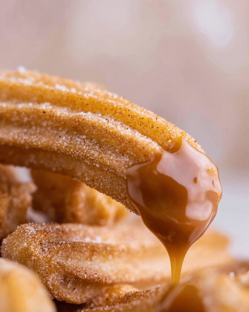 Crispy Air Fryer Churro Bites Recipe 5 Crispy Air Fryer Churro Bites dipped in rich caramel sauce close-up