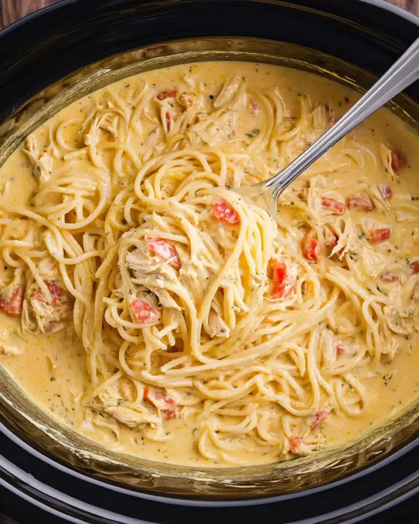 CrockPot Cheesy Chicken Spaghetti with creamy sauce and twirled noodles