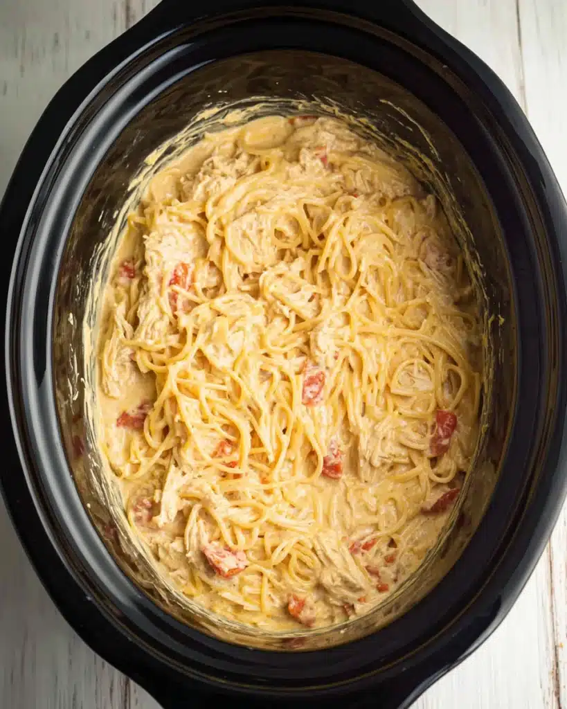 Final CrockPot Cheesy Chicken Spaghetti mixed with creamy sauce and chicken