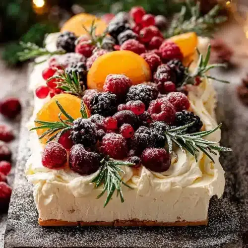 Easy Christmas Cheesecake Slab – No Bake Recipe 6 Easy Christmas cheesecake slab with berries, oranges, and rosemary
