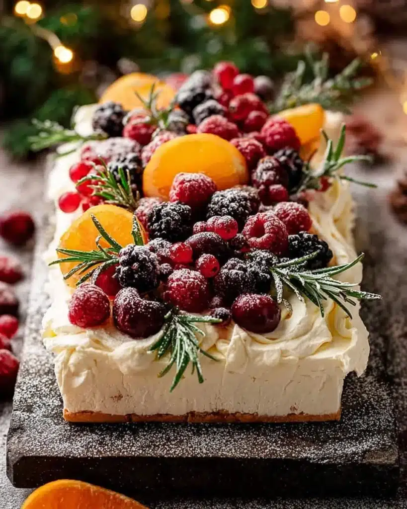 Easy Christmas Cheesecake Slab – No Bake Recipe 1 Easy Christmas cheesecake slab with berries, oranges, and rosemary